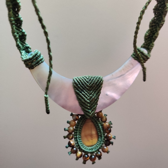 OOAK Artisan Macrame Necklace with Genuine Mother of Pearl and Tiger Eye Stones - Picture 8 of 13